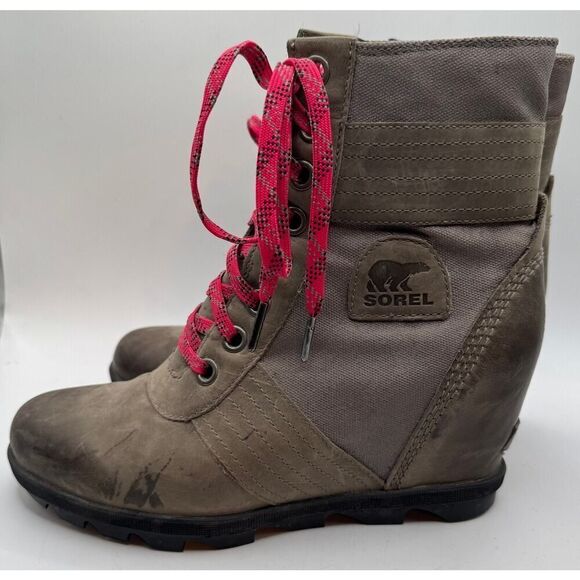 Sorel Gray Lexie Wedge Boots Women's Size 10 NL3046 EUC Grey Pink Lace - Picture 3 of 11